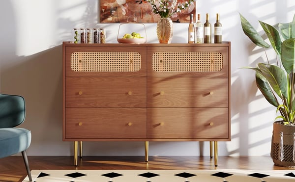 Rattan Skænk - Kommode til Stuen - 6 Skuffer - 90×120×40 cm - Træ - Samling Kræves - Chokoladebrun