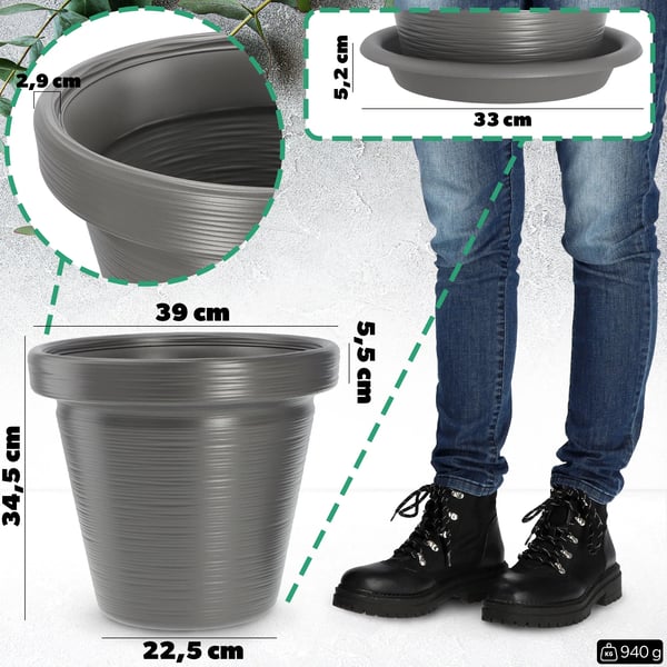 Blomsterpotte/Urtepotte - Skjuler - Stor 39 cm - Lysegrå