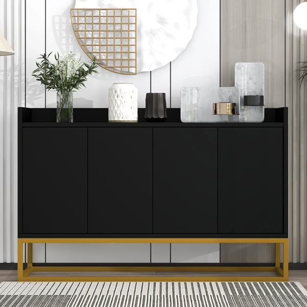 Moderne skænk - 4-dørs opbevaringsskab - 120x30x80 cm - Guldfarvet metalstel, MDF - Til stue/entré/spisestue - Sort/guld