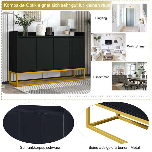 Moderne skænk - 4-dørs opbevaringsskab - 120x30x80 cm - Guldfarvet metalstel, MDF - Til stue/entré/spisestue - Sort/guld