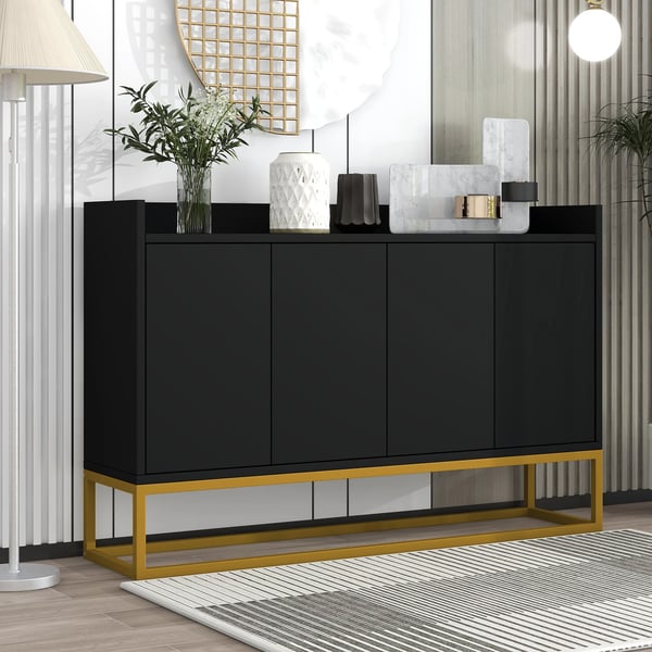 Moderne skænk - 4-dørs opbevaringsskab - 120x30x80 cm - Guldfarvet metalstel, MDF - Til stue/entré/spisestue - Sort/guld