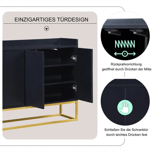 Moderne skænk - 4-dørs opbevaringsskab - 120x30x80 cm - Guldfarvet metalstel, MDF - Til stue/entré/spisestue - Sort/guld