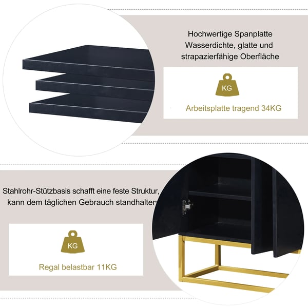 Moderne skænk - 4-dørs opbevaringsskab - 120x30x80 cm - Guldfarvet metalstel, MDF - Til stue/entré/spisestue - Sort/guld