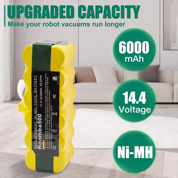 Batteri til iRobot Roomba, Ni-MH erstatningsbatteri, 14,4 V 6000 mAh, lilla, til 500–900-serien