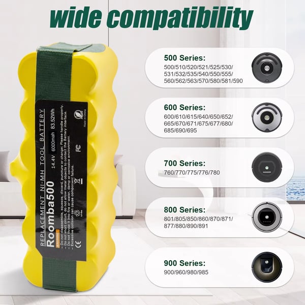 Batteri til iRobot Roomba, Ni-MH erstatningsbatteri, 14,4 V 6000 mAh, lilla, til 500–900-serien