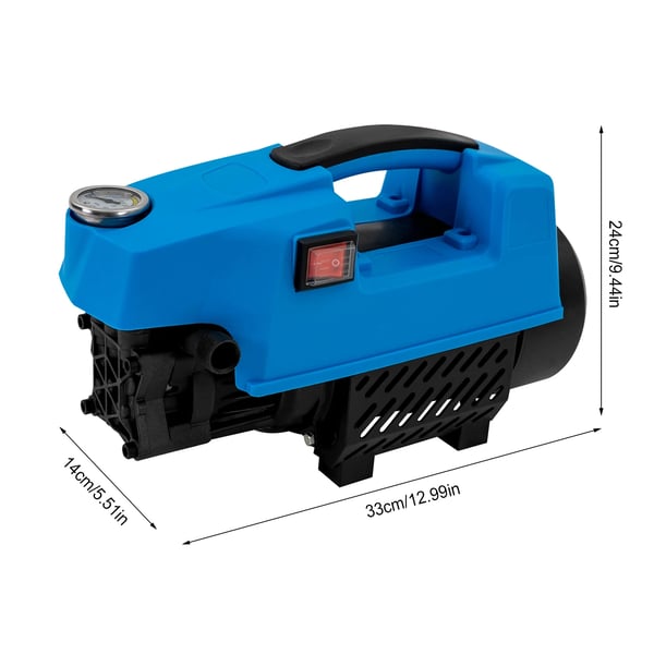 Elektrisk højtryksrenser - Hjem/Bilvask - 220V 8A - 2800 rpm - 33×14×24 cm - 10,35 kg - Ind-/udløbsslange - Sort og blå