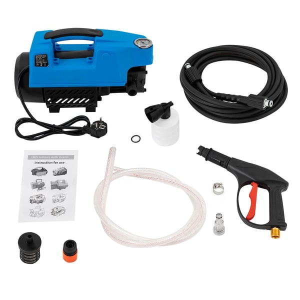 Elektrisk højtryksrenser - Hjem/Bilvask - 220V 8A - 2800 rpm - 33×14×24 cm - 10,35 kg - Ind-/udløbsslange - Sort og blå
