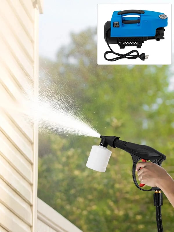 Elektrisk højtryksrenser - Hjem/Bilvask - 220V 8A - 2800 rpm - 33×14×24 cm - 10,35 kg - Ind-/udløbsslange - Sort og blå