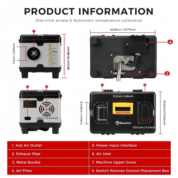 Diesel pysäköintilämmitin - TB10 - Teho 8 kW - 12/24 V DC & 110–240 V - Työkalulaatikko, kannettava - Bluetooth - Plateotila & vakio lämpö - Musta