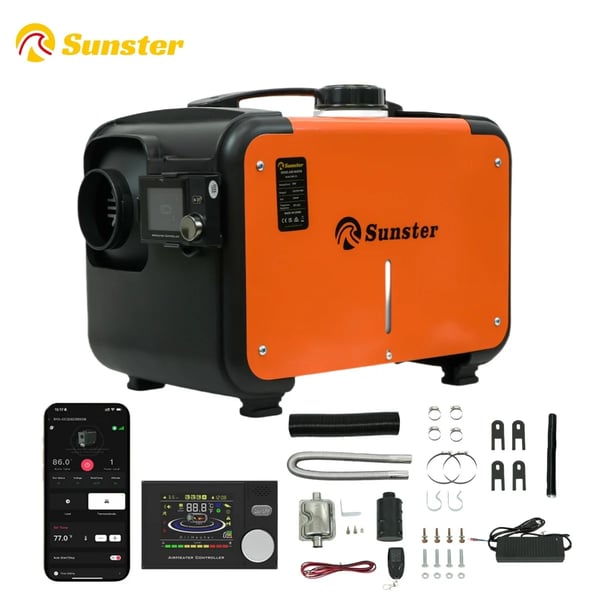 Diesel ilmalämmitin - Pysäköintilämmitin 8 kW - Auto 12/24 V - AC 110–240 V Adapteri - Bluetooth-sovellus - Lämmitysala 20–25 m² - 5 l Säiliö