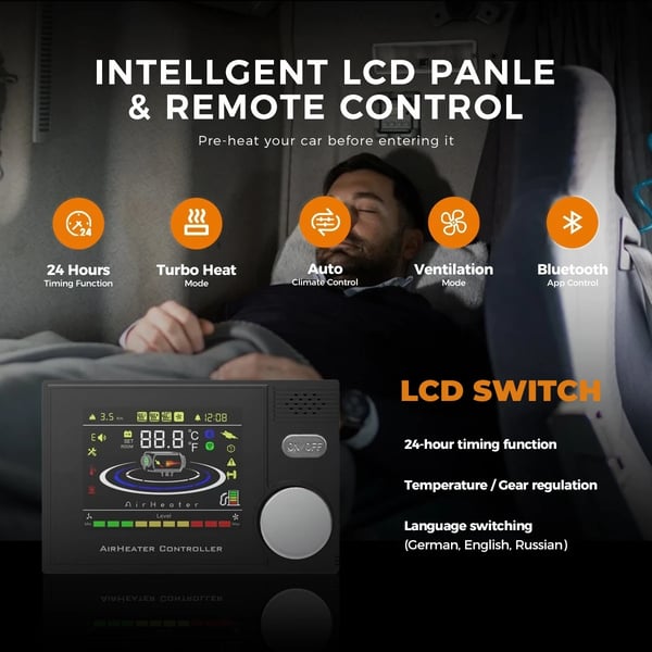Diesel ilmalämmitin - Pysäköintilämmitin 8 kW - Auto 12/24 V - AC 110–240 V Adapteri - Bluetooth-sovellus - Lämmitysala 20–25 m² - 5 l Säiliö