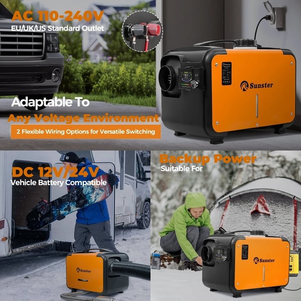 Diesel ilmalämmitin - Pysäköintilämmitin 8 kW - Auto 12/24 V - AC 110–240 V Adapteri - Bluetooth-sovellus - Lämmitysala 20–25 m² - 5 l Säiliö