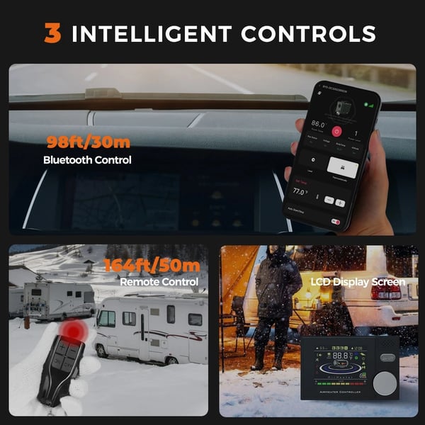 Diesel ilmalämmitin - Pysäköintilämmitin 8 kW - Auto 12/24 V - AC 110–240 V Adapteri - Bluetooth-sovellus - Lämmitysala 20–25 m² - 5 l Säiliö