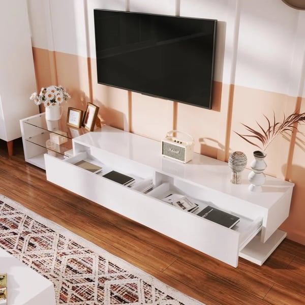 TV-bænk/TV-skænk - Lowboard TV-møbel - Længde 170 cm - Højglans - LED-belysning - Vægmonterbar - Moderne Design - Hvid