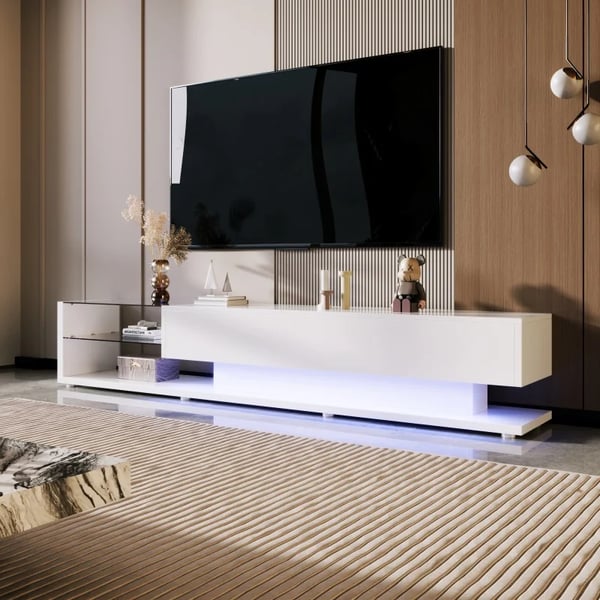 TV-bænk/TV-skænk - Lowboard TV-møbel - Længde 170 cm - Højglans - LED-belysning - Vægmonterbar - Moderne Design - Hvid