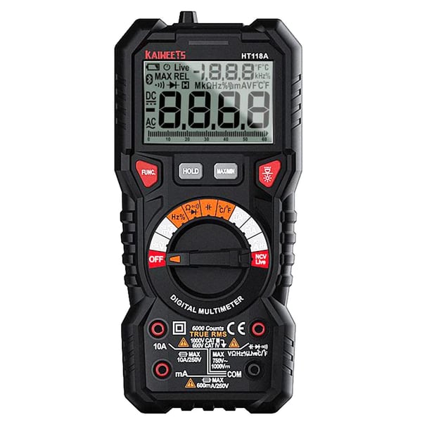 Digitaalinen yleismittari - HT118A - AC/DC 1000V/750V - Virta 10A - Vastus 60MΩ - Lämpötila -40–1000°C - Manuaalinen mittausalue - Punainen Digitaalinen yleismittari - HT118A - AC/DC 1000V/750V - Virta 10A - Vastus 60MΩ - Lämpötila -40–1000°C - Manuaalinen mittausalue - Punainen