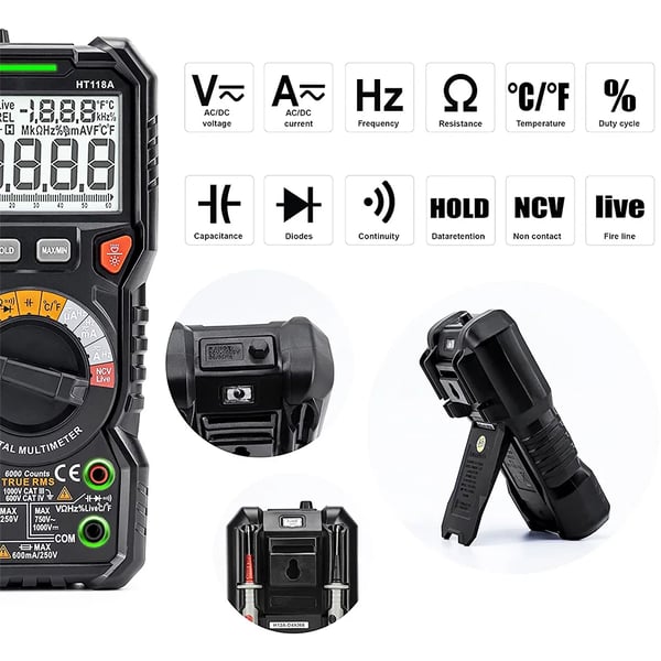 Digitaalinen yleismittari - HT118A - AC/DC 1000V/750V - Virta 10A - Vastus 60MΩ - Lämpötila -40–1000°C - Manuaalinen mittausalue - Punainen