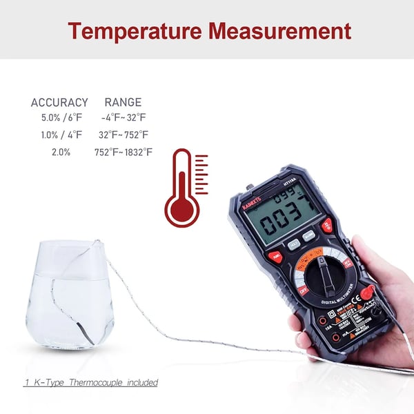 Digitaalinen yleismittari - HT118A - AC/DC 1000V/750V - Virta 10A - Vastus 60MΩ - Lämpötila -40–1000°C - Manuaalinen mittausalue - Punainen