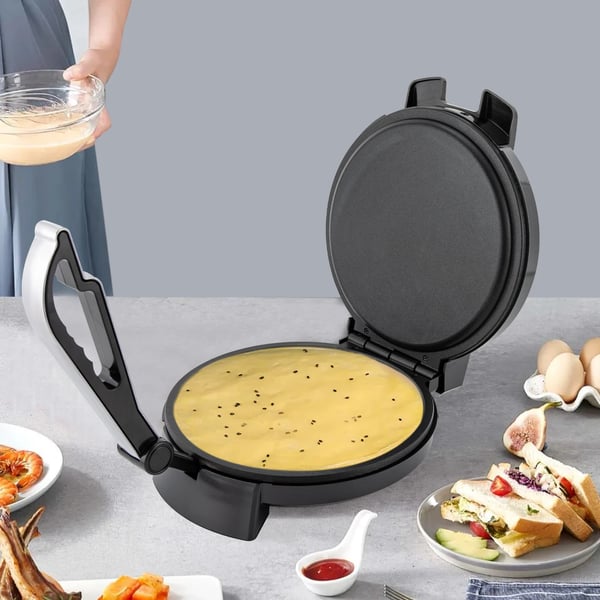 Elektrisk roti/chapati-maskine - Dobbeltsidet presse - Non-stick, 1200 W, 220 V, Justerbar op til 260°C, Rustfrit stål, 75 cm ledning - Sort