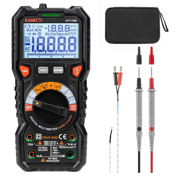 Digitaalinen yleismittari - HT118E - Manuaalinen alue - 1000 V DC/750 V AC - 10 A - NCV, ääni/valohälytys - CAT III 1000 V/CAT IV 600 V - Musta Digitaalinen yleismittari - HT118E - Manuaalinen alue - 1000 V DC/750 V AC - 10 A - NCV, ääni/valohälytys - CAT III 1000 V/CAT IV 600 V - Musta