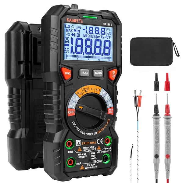 Digitaalinen yleismittari - HT118E - Manuaalinen alue - 1000 V DC/750 V AC - 10 A - NCV, ääni/valohälytys - CAT III 1000 V/CAT IV 600 V - Musta