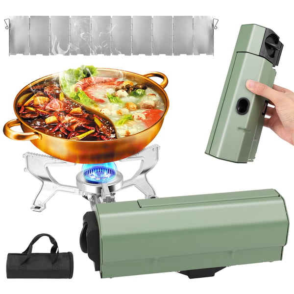 Camping gasblus - Bærbar gasbrænder - 11000 W høj ydelse - Justerbar flamme - Vindafskærmet - Ultralet - Til hot pot & te - Propan - Grøn