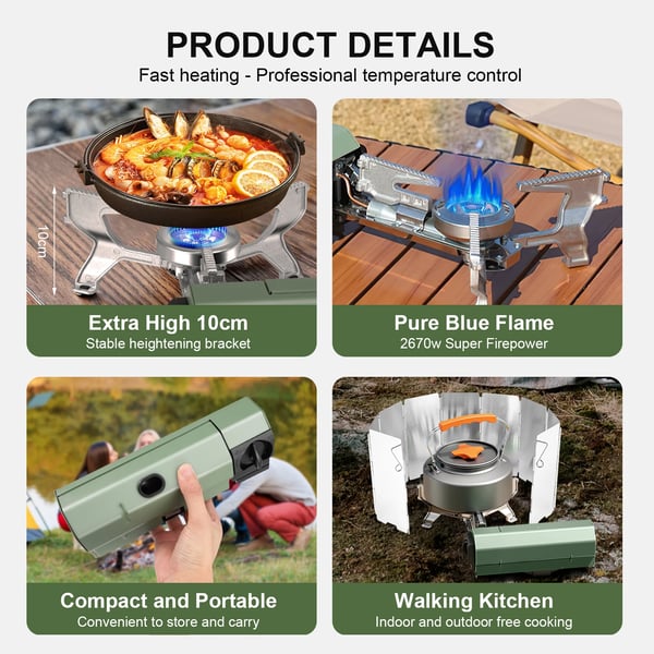 Camping gasblus - Bærbar gasbrænder - 11000 W høj ydelse - Justerbar flamme - Vindafskærmet - Ultralet - Til hot pot & te - Propan - Grøn