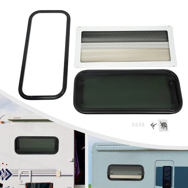 Asuntoauto/Asuntovaunu Ikkuna - Ulosaukeava - Karkaistu Lasi - Pyöristetyt Kulmat - Aukko 70×30 cm - Seinäpaksuus 30–40 mm - Auringonsuoja - Vihreä