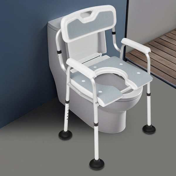 Bruse- og toiletstol - Natstol - Højdejusterbar - Armlæn og ryglæn - Frontudtrækbar spand - Belastning 150 kg - Aluminiumramme, EVA-sæde - Grå