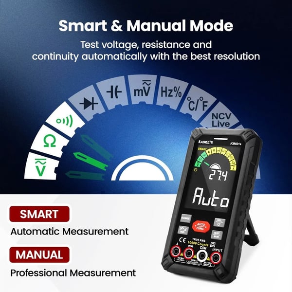 Yleismittari - KM601S - Smart-tila auto-range - AC/DC jännite/virta - 10000 lukemaa - Väri-LCD & taskulamppu - R/C/F-mittaus - Musta