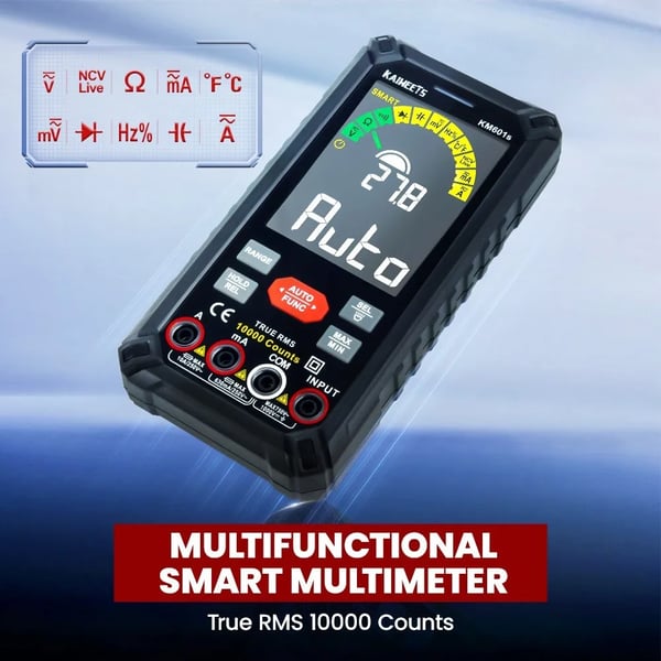 Yleismittari - KM601S - Smart-tila auto-range - AC/DC jännite/virta - 10000 lukemaa - Väri-LCD & taskulamppu - R/C/F-mittaus - Musta