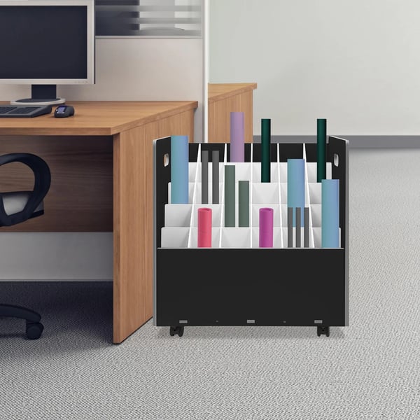Rullapiirustusten arkisto - Lattiamallinen säilytysteline - 30 lokeroa - Pyörillä - 58 x 40 x 58 cm - PVC - Musta