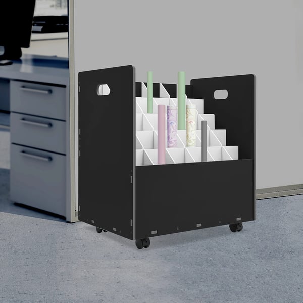 Rullapiirustusten arkisto - Lattiamallinen säilytysteline - 30 lokeroa - Pyörillä - 58 x 40 x 58 cm - PVC - Musta