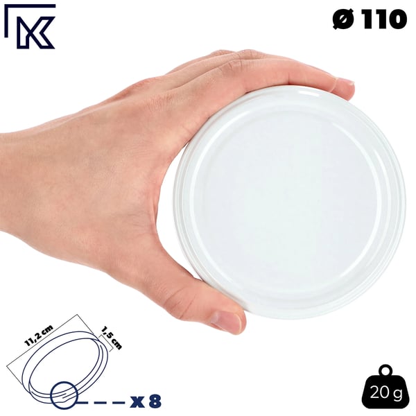 Låg til sylteglas - Twist-off skruelåg - Ø 110 mm - Med 8 tapper - 10-pak - Fødevaregodkendt (FCM)