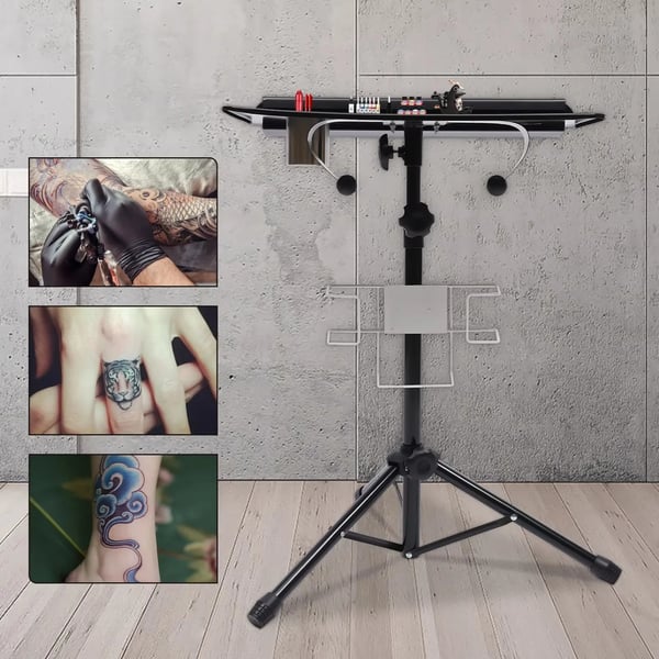 Tatuointikäsituki ja työalusta - Taitettava Teline - Säädettävä Korkeus 61–107 cm - 30,5 cm - Metallinen Kolmiorunko - Kannettava - Musta