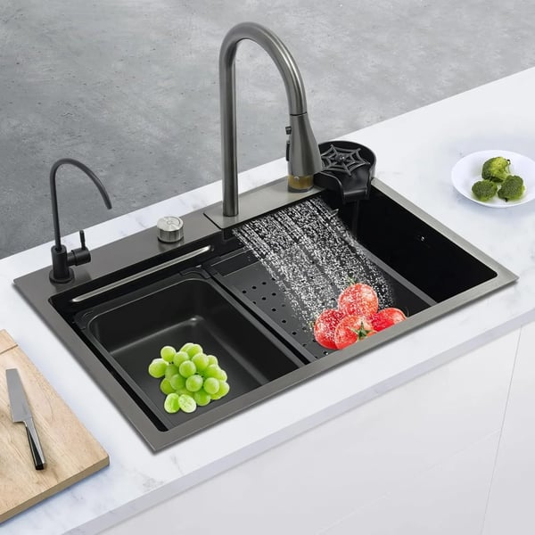 Køkkenvask - Dobbeltvask i rustfrit stål - Med armatur - Udtrækkelig tud - 2 huller - Vandfaldsdesign - 68×45×21 cm - Sort