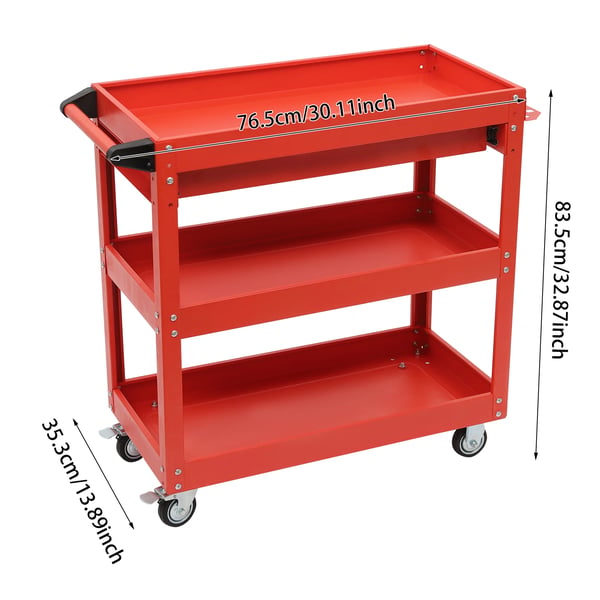 Værktøjsvogn - Rullende værkstedsvogn - Bremsehjul - Max 150 kg - Koldvalset stål - 76,3×35,3×83,5 cm - Rød