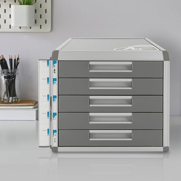 Opbevaringsboks - Skuffeboks A4 - Med lås - 5 skuffer - Aluminiumlegering - Skrivebord - Grå