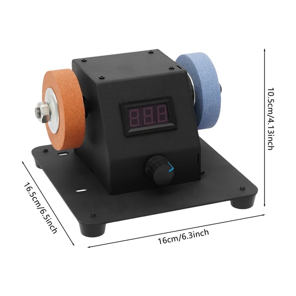 Mini bordrundsav - Effekt 350 W - Hastighed 0–6000 o/min (7 trin) - Vinkel 0–90° - Snitdybde 1 cm - Slibebånd 38×3 cm - Spænding 24 V - Sort