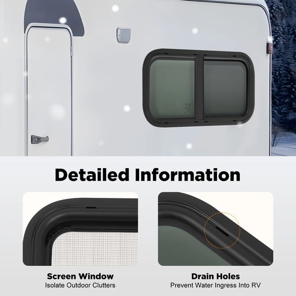 Campingvogn/Autocamper vindue - Horisontalt skydevindue - 70 x 40 cm - Hærdet glas - Aluminiumramme - Mørklægningsgardin - Sort