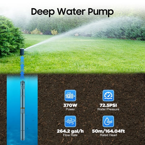 Djupbrunnspump, nedsänkbar rörpump 2”, 370 W 220 V EU-kontakt, sandtålig för trädgårdsbevattning