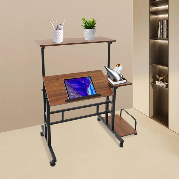 Multifunktionsskrivebord - Computerbord på hjul - Sammenklappeligt - Højdejusterbart 67–115 cm - 6 hjul - Opbevaring - MDF & kulstofstål - Khaki