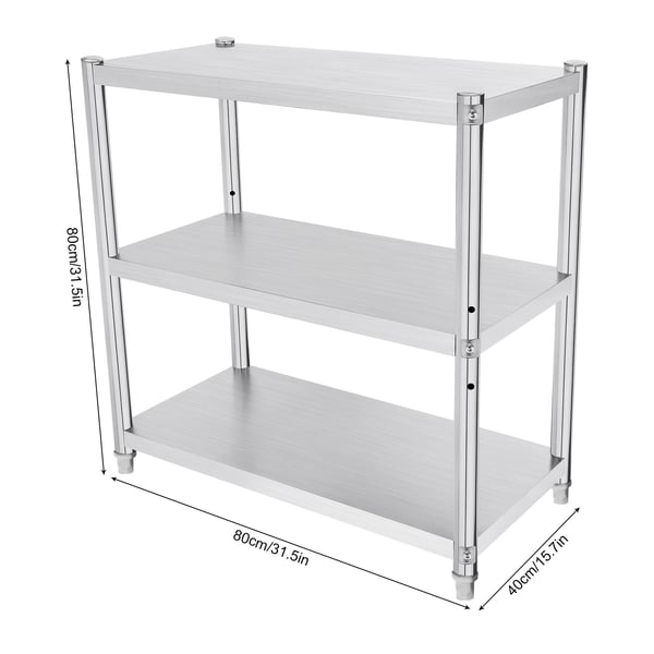 Keittiöhylly, 3‑tasoinen mikrouunihylly ruostumattomasta teräksestä, 80×80×40 cm, kotiin, ravintolaan ja ulkokäyttöön