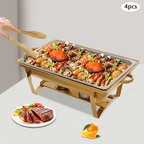 Buffetvarmer - Chafing Dish Sæt - 4-Pak - 11 L Pr. Bakke - Rustfrit Stål - 53,5×33,5×6,5 cm - Med 4 Tænger - Gul