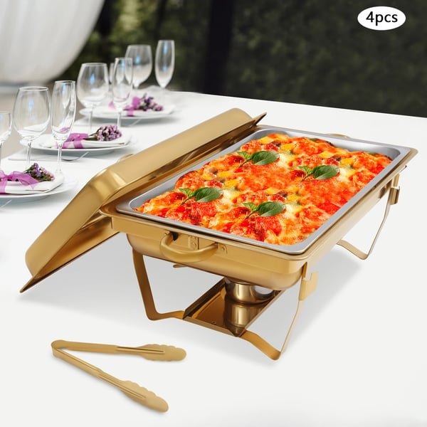 Buffetvarmer - Chafing Dish Sæt - 4-Pak - 11 L Pr. Bakke - Rustfrit Stål - 53,5×33,5×6,5 cm - Med 4 Tænger - Gul
