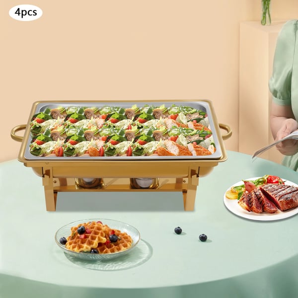 Buffetvarmer - Chafing Dish Sæt - 4-Pak - 11 L Pr. Bakke - Rustfrit Stål - 53,5×33,5×6,5 cm - Med 4 Tænger - Gul