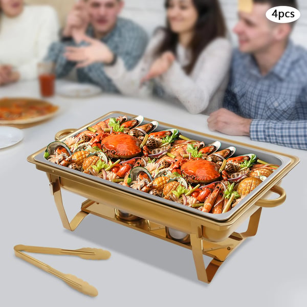 Buffetvarmer - Chafing Dish Sæt - 4-Pak - 11 L Pr. Bakke - Rustfrit Stål - 53,5×33,5×6,5 cm - Med 4 Tænger - Gul