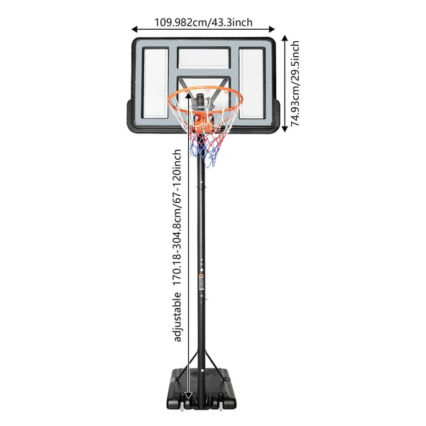 Basketteline - Siirrettävä - Säädettävä 1,7–3,05 m - Vanne Ø45 cm - Taustalevy 110×74,9 cm - Putki Ø6,6 cm - Vaaleanharmaa