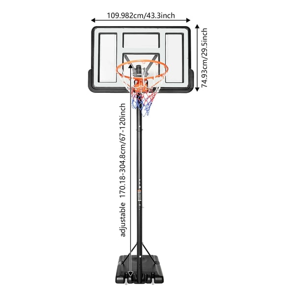 Portabel basketstander - Højdejusterbart basketsystem - Højde 1,7–3,05 m - Bagplade 110×74,93 cm - Kurv Ø45 cm - Stolpe Ø6,6 cm - Hvid