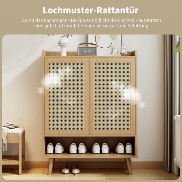 Rottinki kenkäkaappi - Kenkähylly - 2 Ovea - 5 Tasoa - Puukahvat - Massiivipuiset jalat - Eteiseen - Kahvinruskea